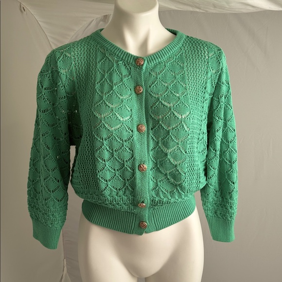 Heartloom Idola green open knit button front cardigan sweater - Picture 1 of 12